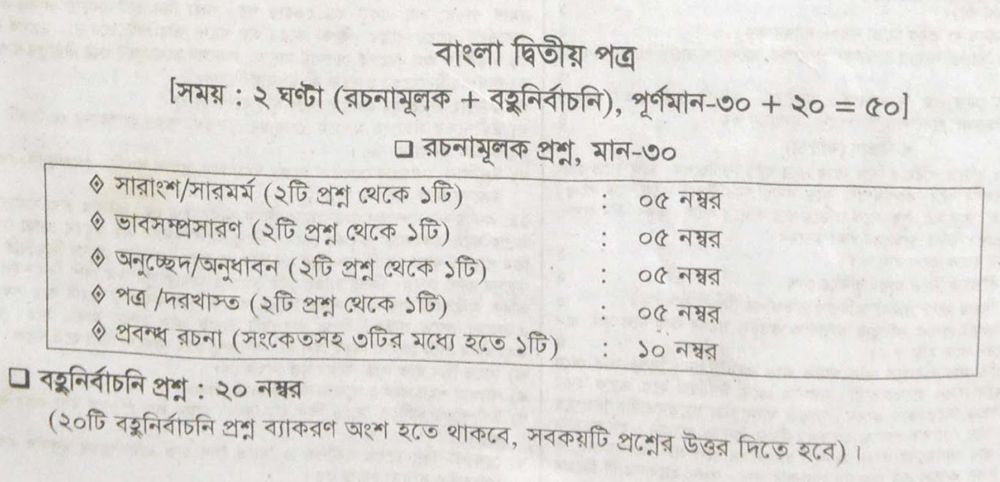 JSC Bangla 2nd Paper Marks Distribution